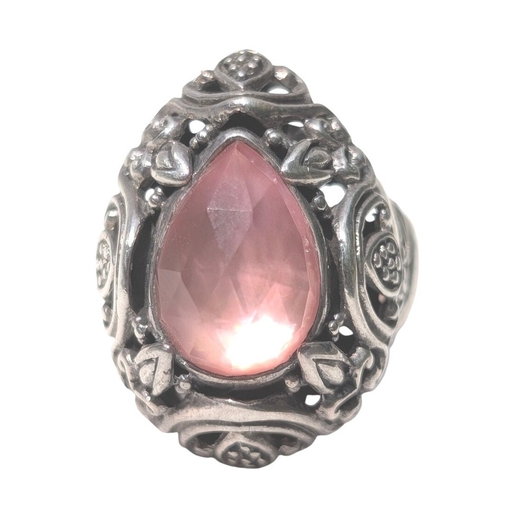Sarda Sterling Silver 925 Pink Pear Cut Quartz Filigree Statement Ring Size 7